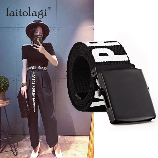 

adjustable letter canves waist belt strap all-match women men belt with metal buckle black girls jeans pants long waistband, Black;brown