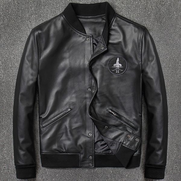 

2018 fashion genuine leather aviation bomber jacket men casual black real leather jacket sheepskin motorcycle streetwear