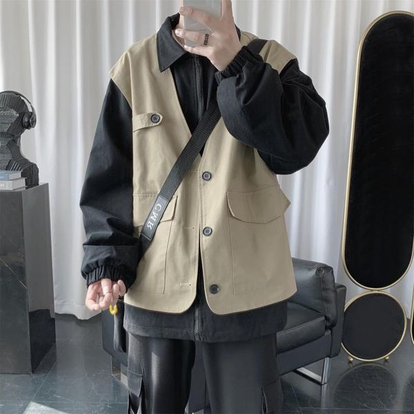 

2020 men's fake two piece tide work cargo clothes streetwear bomber jacket loose fashion trend coats black/green outerwear m-2xl, Black;brown