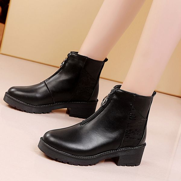 

womens basic square heel ankle boots mid-zipper non-slip lady winter boots fashion leather booties botte femme #0821, Black