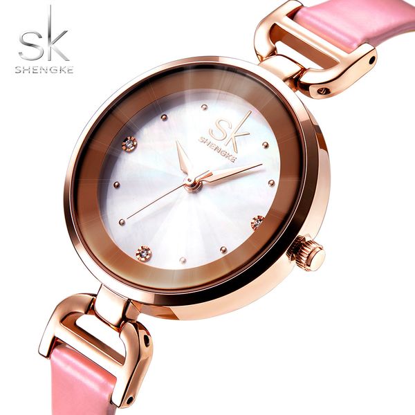 

shengke brand fashion quartz women's bracelet watches leather strap diamond ladies elegant dress wristwatches, Slivery;brown