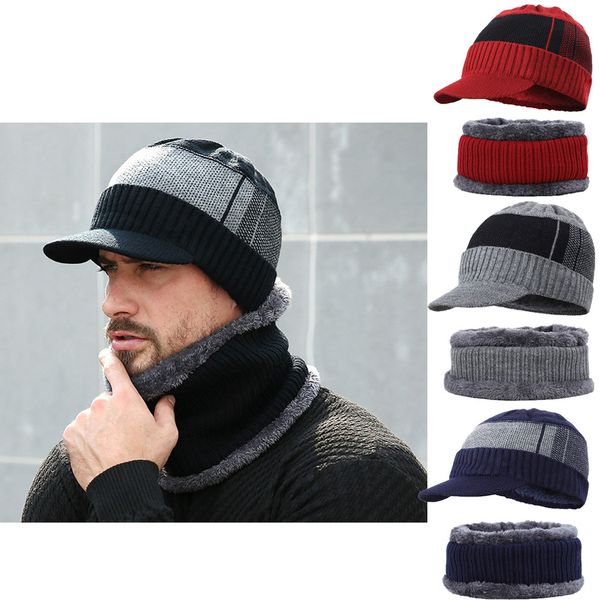 

fashion mens winter warm knitted beanies hats with bib scarf 2pcs sets bonnet beanie cap outdoor riding set, Blue;gray