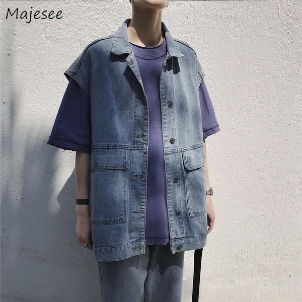 

vests men retro blue denim pockets turn-down collar all-match couples 2xl harajuku mens clothing waistcoat daily, Black;white
