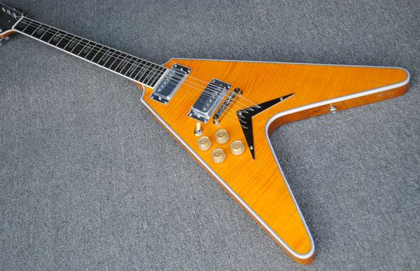 Custom Shop Yellow Flame Maple Top Flying V E-Gitarre Moderne Kopfplatte, Abalone-Inlay, Grover-Mechaniken, Strings Thru Body Bridge