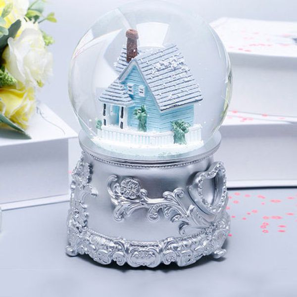 

10*15cm nordic blue houses spin snow globe bluetooth function crystal ball music box home decor wedding christmas new year gifts