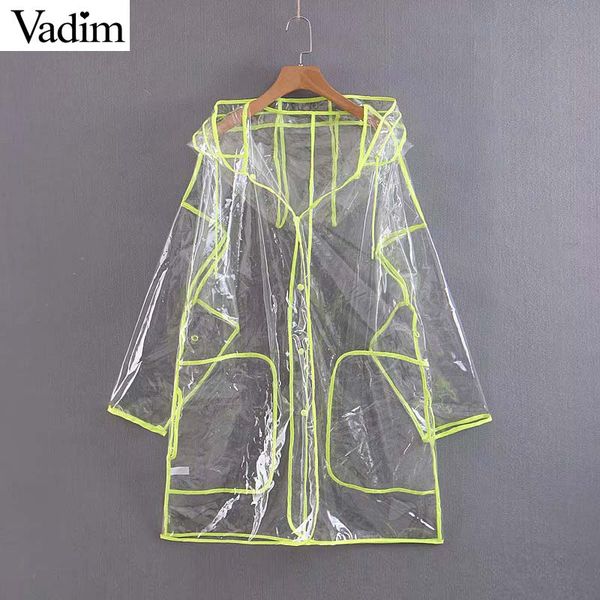 

vadim women stylish transparent loose hooded raincoat long sleeve pockets female chic oversized jacket coats ca436, Black;brown