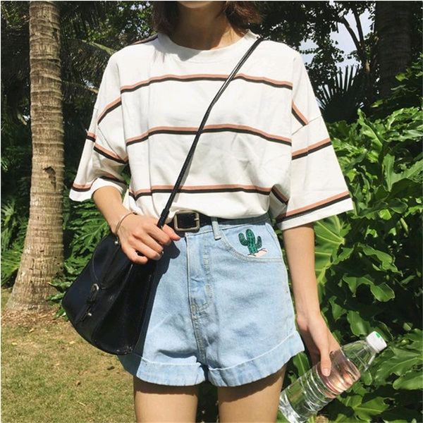 

womens tshirt womens designer clothes womens t shirts harajuku ladies student summer tide stripe female korean kawaii clothe tshirt, White