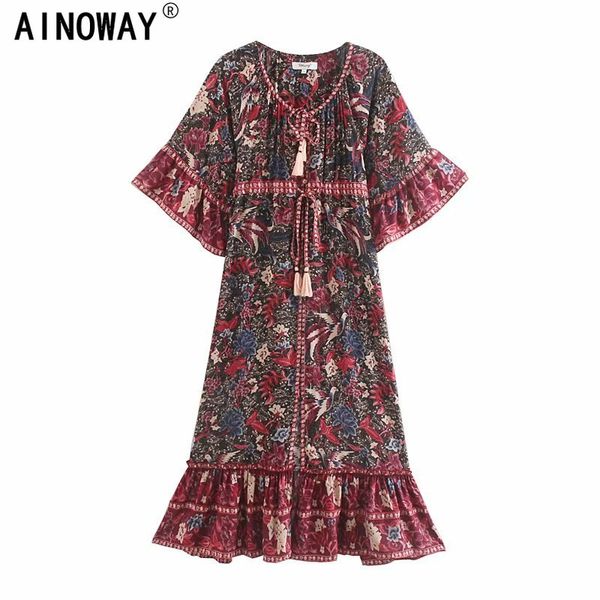 

vintage chic women birds floral print flare sleeve bohemian rayon cotton maxi dress ladies v-neck lace-up ruffles boho vestidos, Black;gray