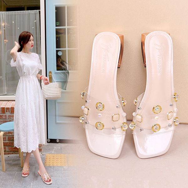 

rivet rubber flip flops flat shoes female womens slippers outdoor square heel pantofle med low luxury slides hawaiian block, Black