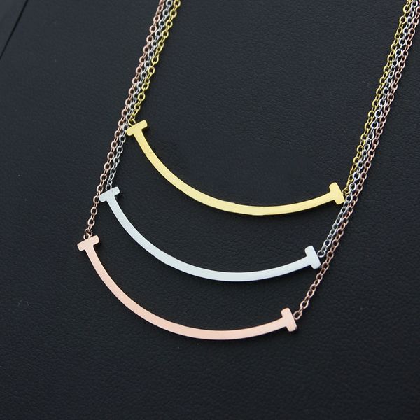 

new arrive fashion classic lady 316l titanium steel smile lettering 18k plated gold necklaces with double t letter pendant 3 color m size, Silver