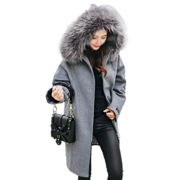 

2018 new fashion solid women long woolen coat slim zippers women's jacket pockets fur collar blue cashmere coat and jacket, Black