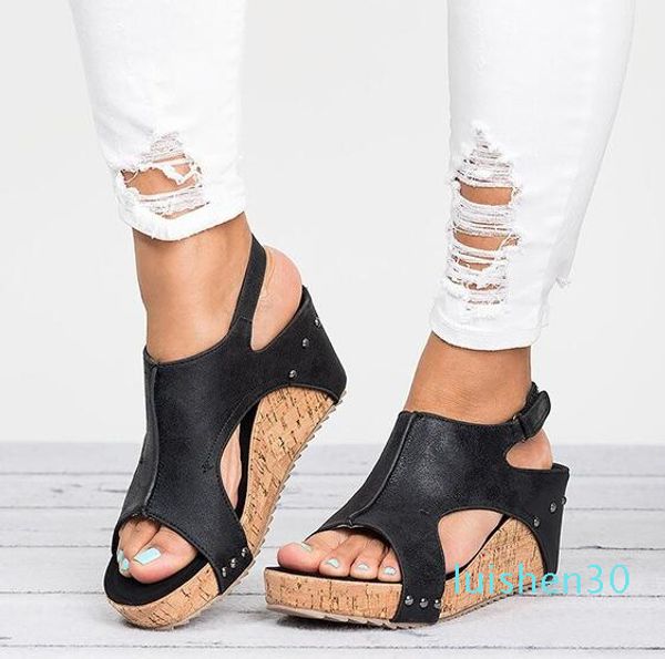 

women designer sandals fish mouth roman fashion high heel leather waterproof platform shoe sandal, Black