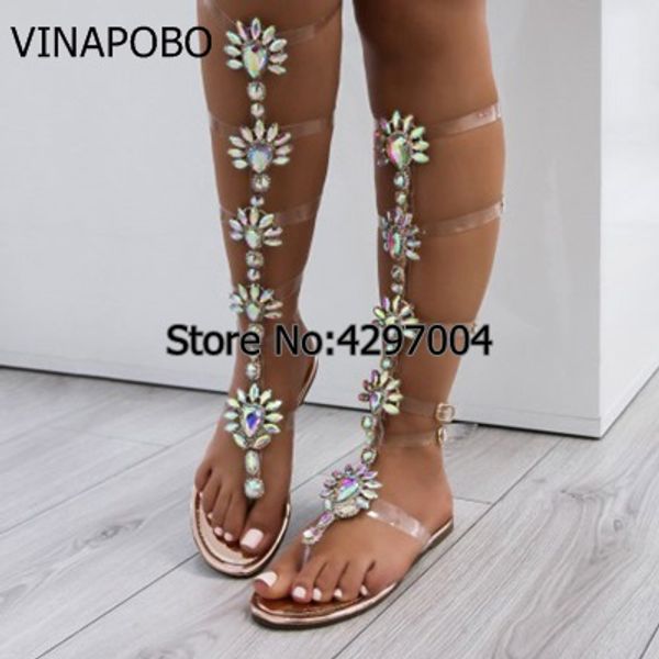 

Summer Flats transparent Sandal Gladiator Gold Rhinestone Knee High Buckle Strap Woman Boots Bohemia Style Crystal Beach Shoes