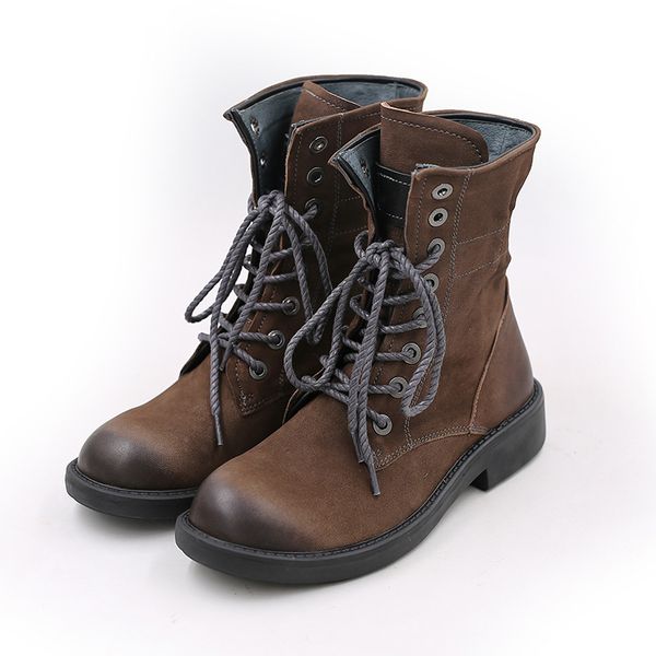 

women casual lace-up motorcycle boots lady vintage punk ankle ankle shoes genuine leather low heel short boots, Black