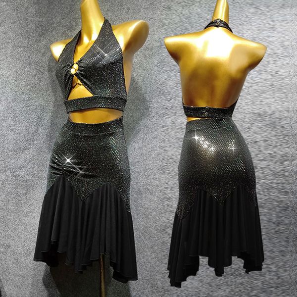 

new design latin dance women costume 2pcs black squin dance wear backless flamengo black latin skirt vdb695, Black;red