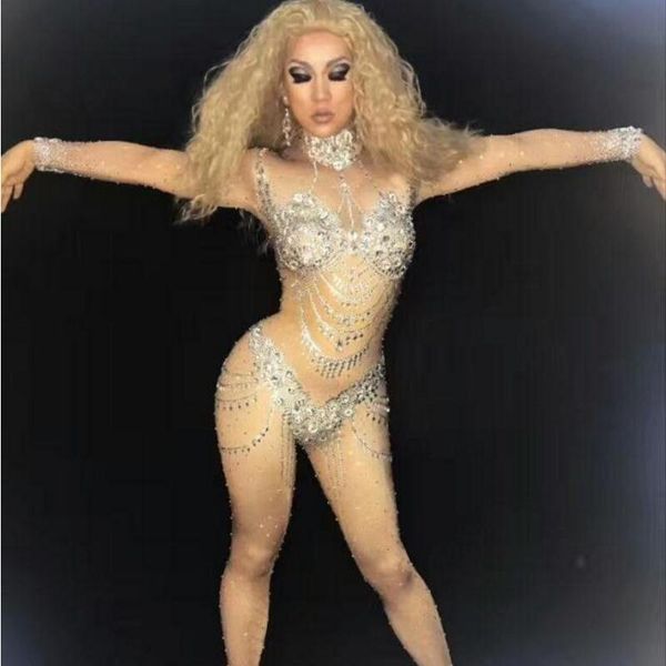 

silver sparkling rhinestone jumpsuits women flashing stretch bodysuit female singer party birthday performance costume, Black;white