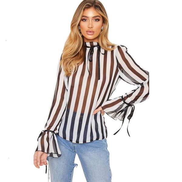 

blouse women polyester shirt blouses womens thin striped print bow perspective loose long flare sleeve turtleneck spring autumn, White