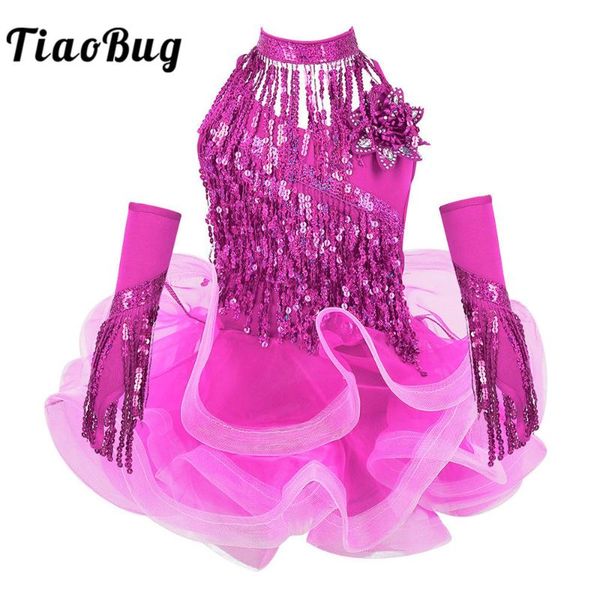 

tiaobug kids girls sequins tulle tassels latin dance dress with shorts choker arm sleeves set samba salsa performance costume, Black;red