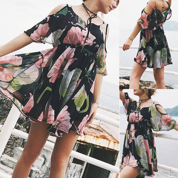 

2019 fashion dresses solid lace elegant women mini party above knee dress print v-neck button camisole beach dress vadim, Black;pink