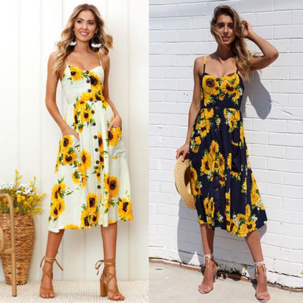 

womens designer dress party dresses summer new sunflower print dress for women floral print mid calf summer party summer beach sundress, Black;gray