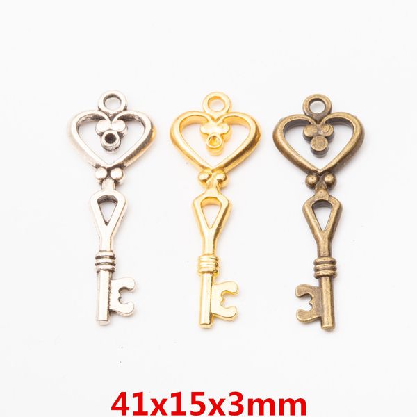 

50pcs 41*15mm vintage silver gold decorative key charms antique bronze key pendants for bracelet earring diy jewelry making, Bronze;silver