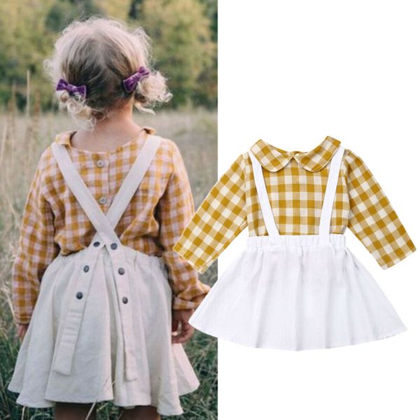 

autumn infant kids girl clothes plaid long sleeve shirt +bib dress outfit set suit, White