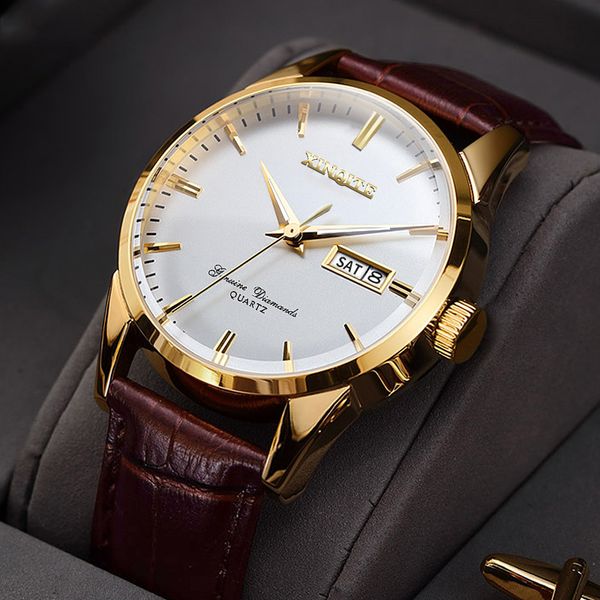 

xinqite official men watches 2019 brand luxury quartz watches fashion genuine leather waterproof watch for gentleman students t200620, Slivery;brown