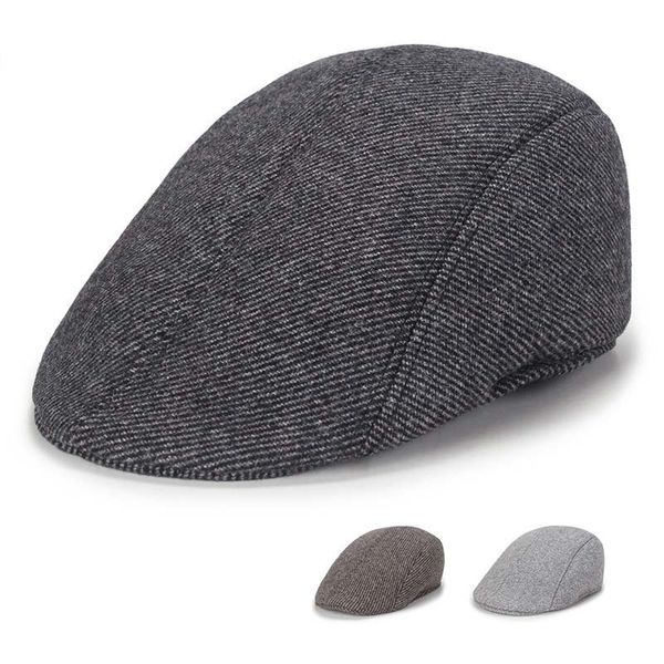 

casual men's hat autumn and winter tide warm ear protection fashion beret thick fashion plaid stripes berets, Blue;gray