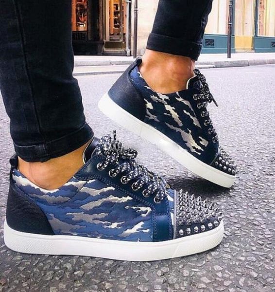 

men women casual shoes luxury designer red bottom studded spikes fashion lace camouflage sneakers leather high boots casual walking, Black