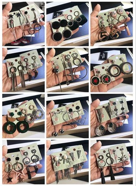 

2019 new fashion woman earrings mixed 10style 10pairs alloy long tassel geometry dangle chandelier earrings, Silver