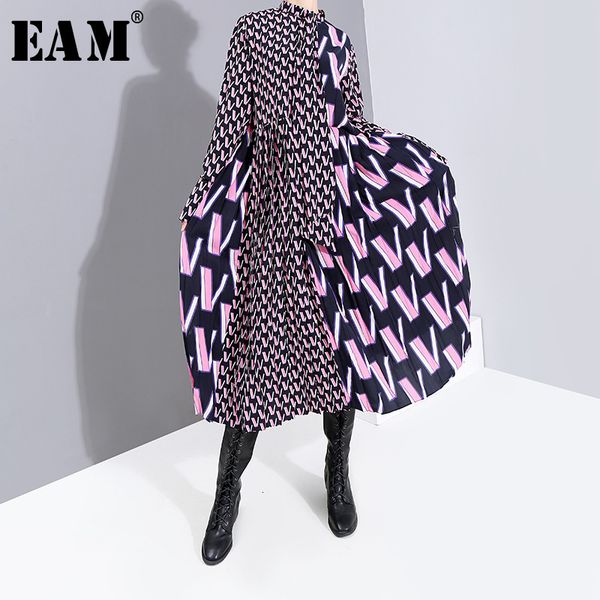 

eam] women pattern print split temperament dress new bow collar long sleeve loose fit fashion tide spring autumn 2020 19a-a872, Black;gray