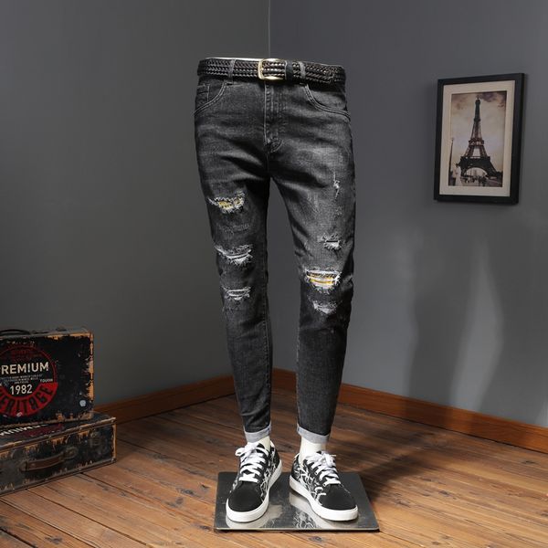 

casual men ripped hole patch stretch slim fit black jeans hj10, Blue