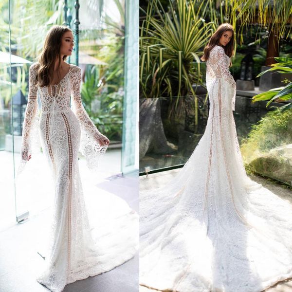 

milla nova mermaid beach wedding dresses 2019 lace long sleeve court train boho bridal gowns plus size vestido de novia, White