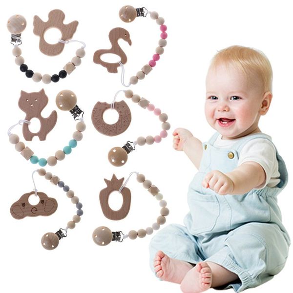 

1 set pacifier clip with teether baby nursing nipple soother holder chain wood silicone teething anti fall strap infant clips