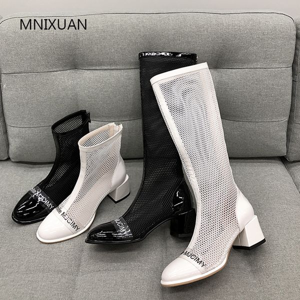 

mnixuan handmade korean fashion hollow mesh sandals boots women shoes 2019 new round toe zipper high heels knee high boots black