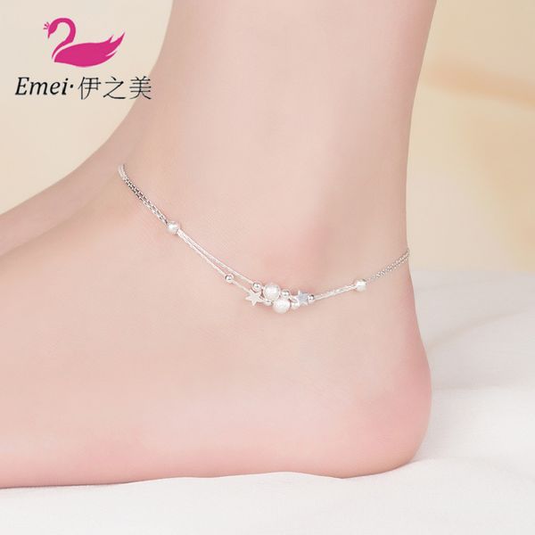 

2019 new style fashion anklet europe and america students five-pointed star double layer anklet women's dull polish bead ornamen, Red;blue