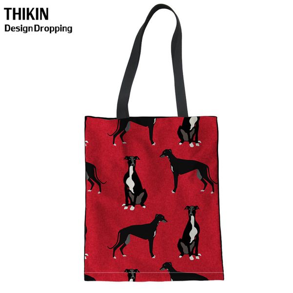 

thikin red foldable shopping bags cute greyhound printing women shoulder canvas tote females reusable eco girls book bag bolsa