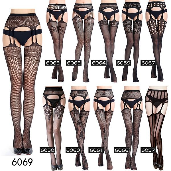 

606s women black garters stockings lingeries see-through pantyhose, Black;white
