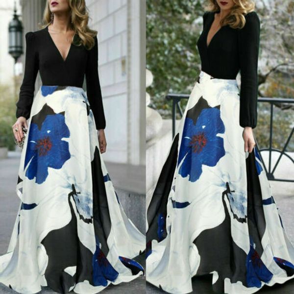 

women maxi long dress party wedding summer beach long sleeve print deep v neck dress fashion elegant vestido, Black;gray