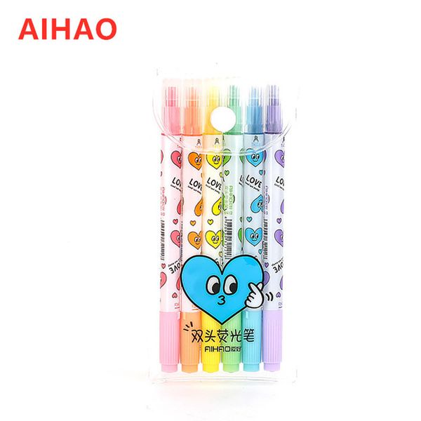 

2019 new arrival aihao brand oblique head rough marker pen highlight double writing school&office supply 6pcs/lot ing, Black;red