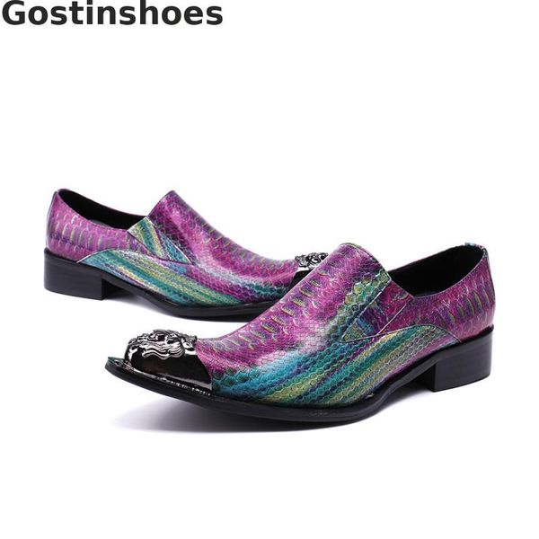 

new fashion men leather shoes men casual loafers leather shoes violet genuine snakeskin printed metal capped toe slip-on, Black