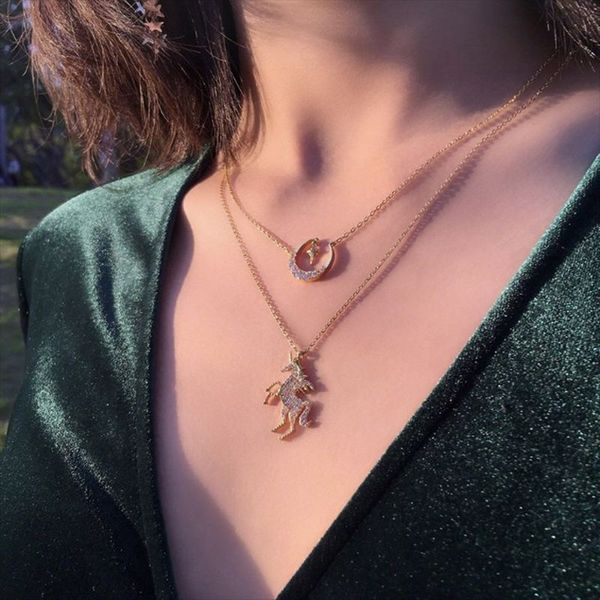 

new star moon unicorn necklace with short necklace, Silver