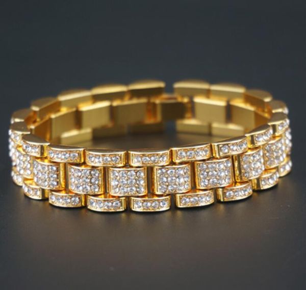

24k gold silver rose gold watch band bracelet cz diamond link men miami hip hop link bracelets fashion punk jewelry 15mm 20cm, Black