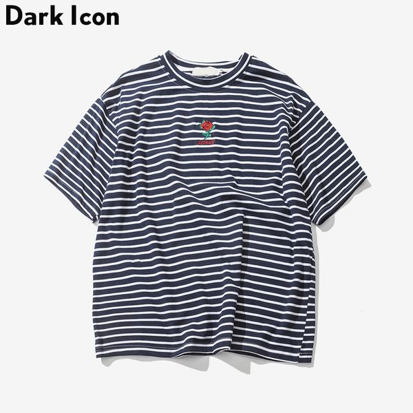 

dark icon rose embroidery striped mens t-shirt short sleeve 2019 summer hi-street oversized hip hop tshirt cotton tee shirts cx200702, White;black