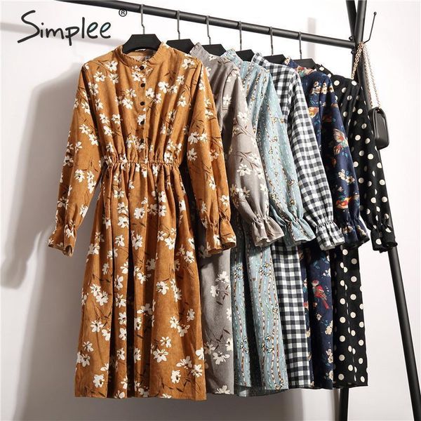 

simplee corduroy plus size dress high waist ruffled floral print women dress casual a-line ladies chic autumn office dress 2019, Black;gray