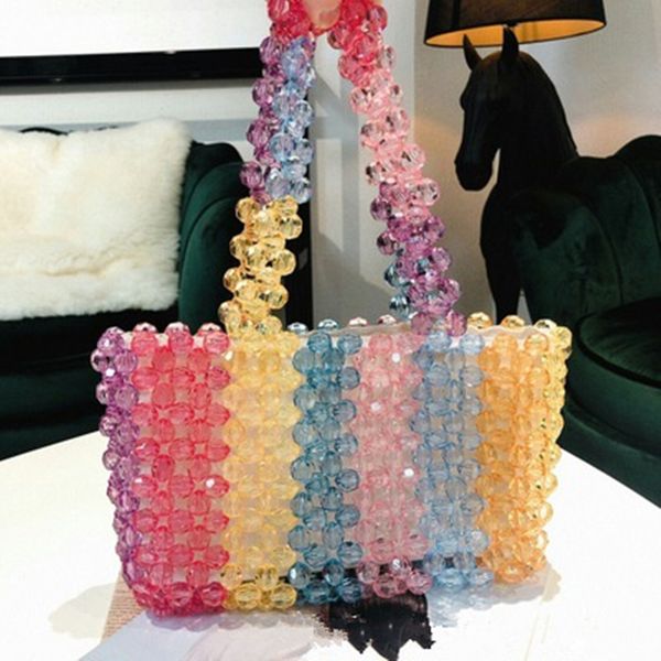 

handmade rainbow beads crystal handbags women beading pearls shoulder bags for ladies pearl evening party wedding clutch purses