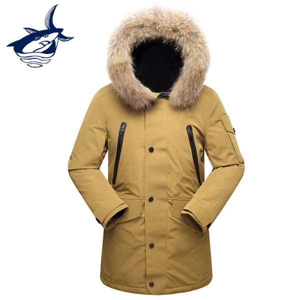 

real fur collar long down jacket men windproof white duck down jacket men russia winter -40 degree, Black