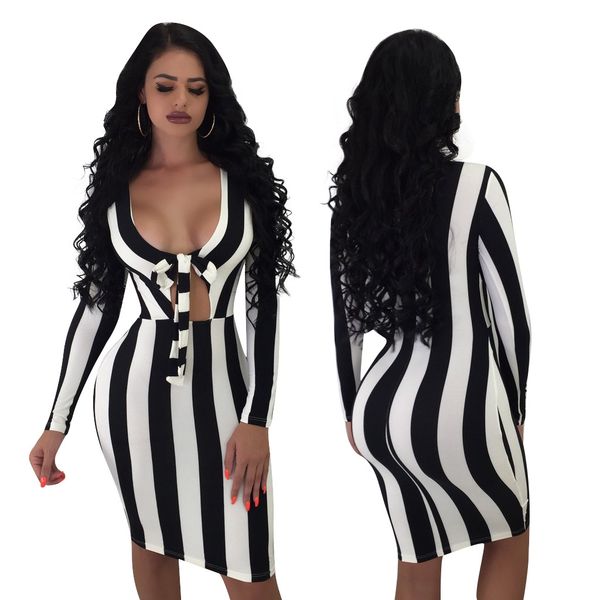 

striped printed women dresses slim low chest lacing long sleeved dark v neck bodycon dresses fashion womens party dresses, Black;gray