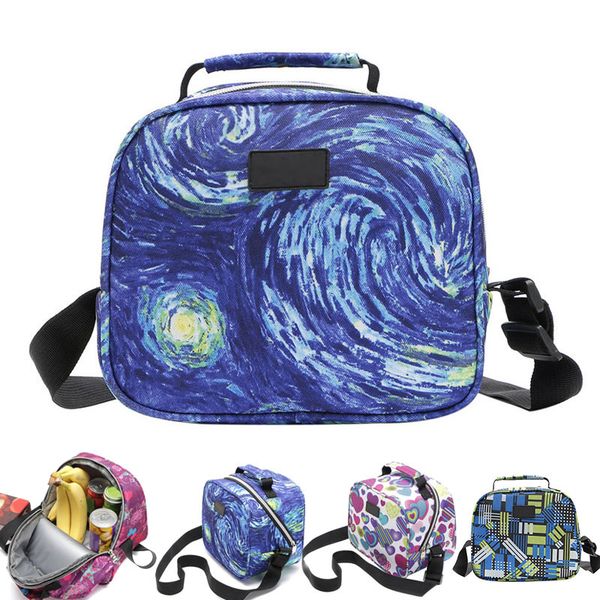 

portable lunch bag printed zipper handbag insulated cooler shoulder bags for picnic school office fc55, Blue;pink