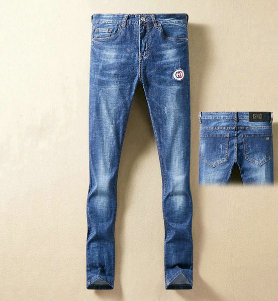 

spring and summer new european station brand jeans men's elastic business casual straight pants mid high waist designer jean mens desig, Blue